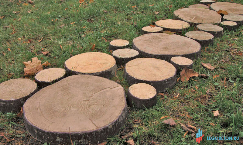 долговечная садовая брусчатка из бетона под дерево - древесный срез пример укладки