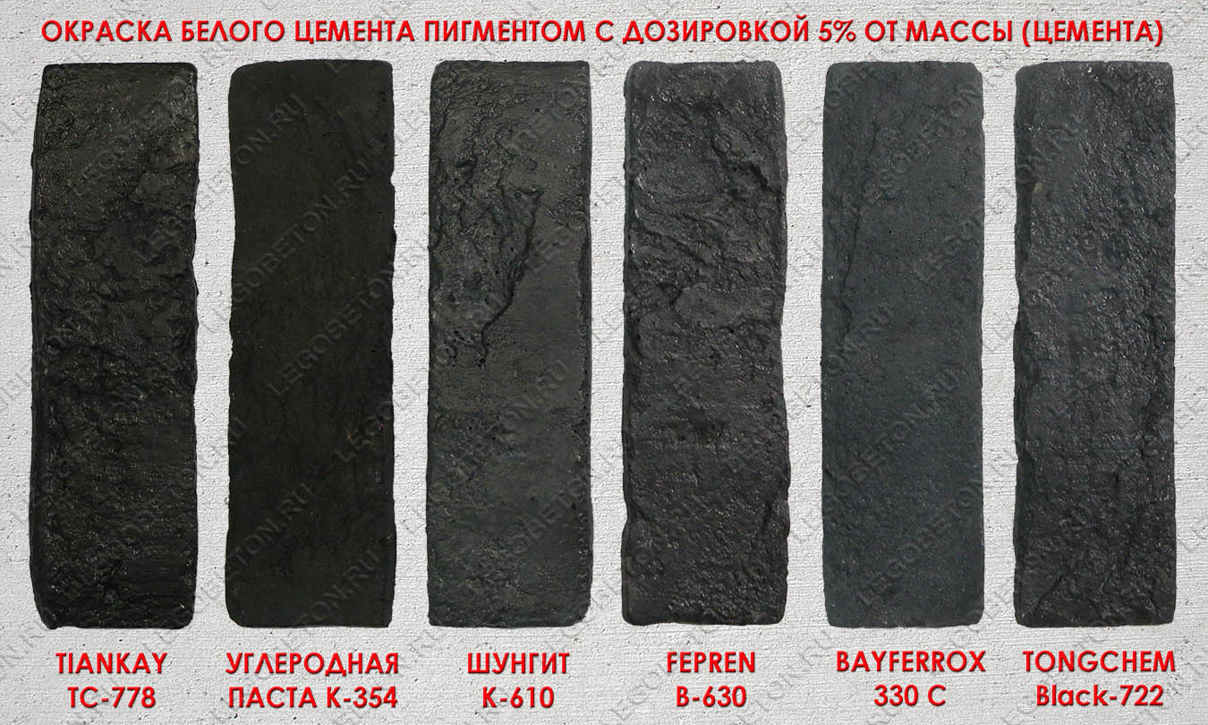 сравнительные образцы окраски черным пигментом белого бетона в массе